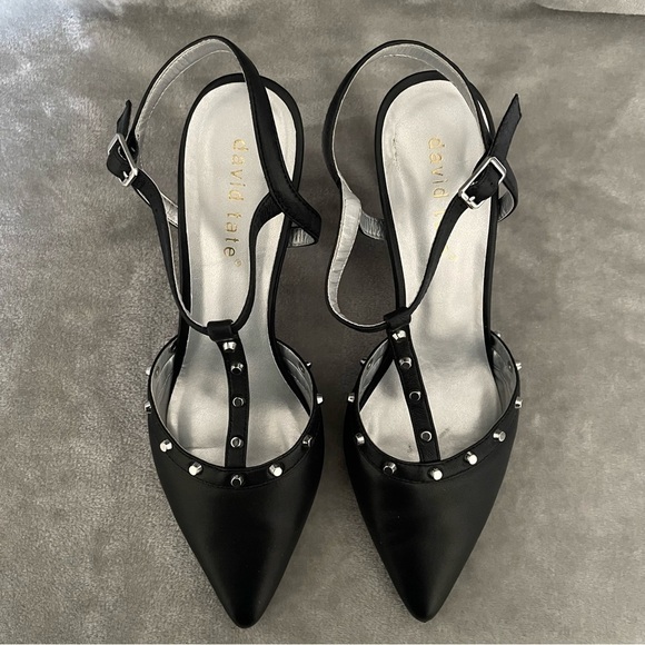 David Tate Valencia Black Leather Slingback Pumps 9 Studded Pointed Toe Heels - Picture 2 of 11